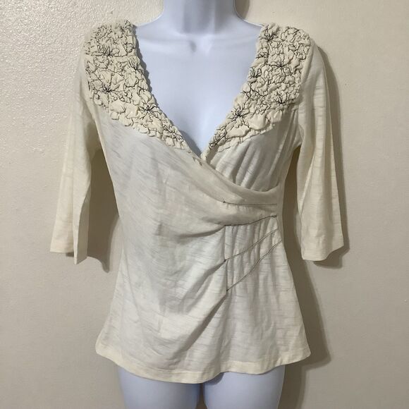 Anthropologie Cream Bohemian Hippie Boho Chic Minimalist Wrap Embroidery Top XS - Picture 1 of 10